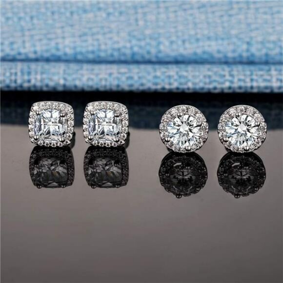 White Gold Cubic Zirconia Stud Earrings Set Round Square Diamond Look - Picture 2 of 7